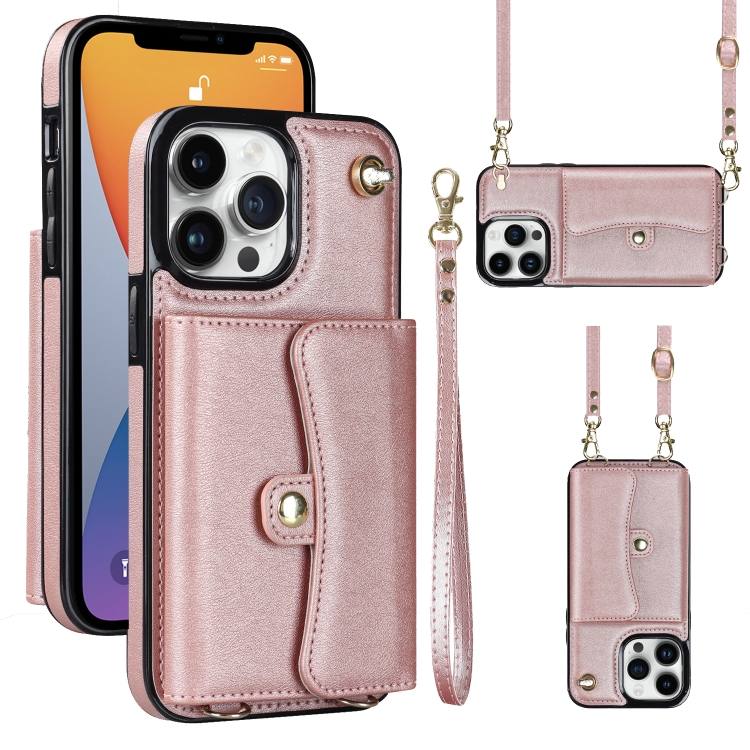 

For iPhone 12 Pro RFID Card Slot Phone Case with Long Lanyard(Rose Gold)