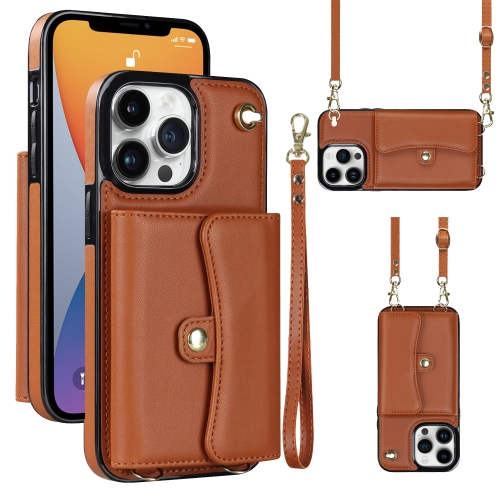 

For iPhone 12 Pro Max RFID Card Slot Phone Case with Long Lanyard(Brown)