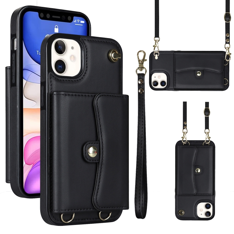 

For iPhone 11 RFID Card Slot Phone Case with Long Lanyard(Black)