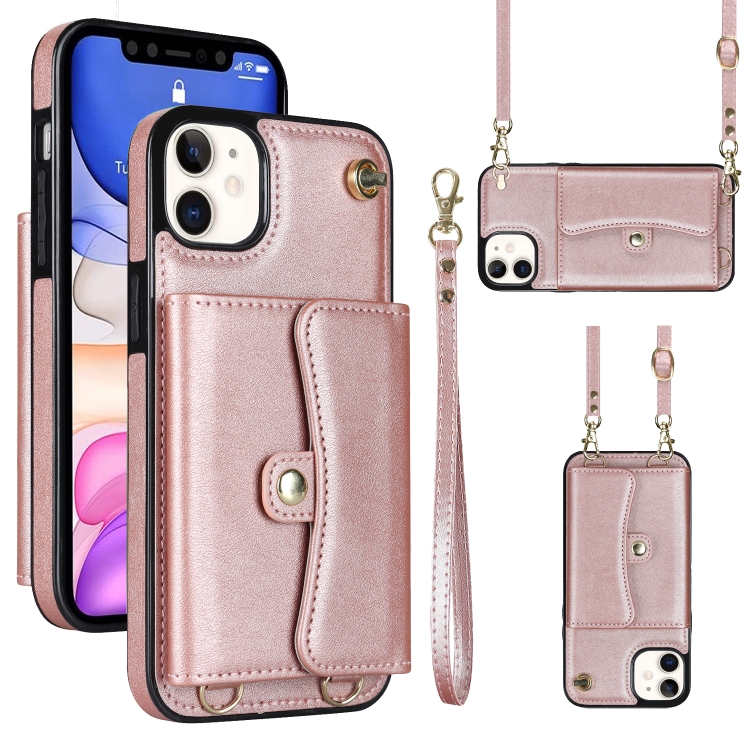 

For iPhone 11 RFID Card Slot Phone Case with Long Lanyard(Rose Gold)
