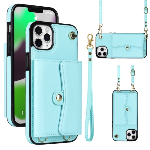 

For iPhone 11 Pro RFID Card Slot Phone Case with Long Lanyard(Mint Green)