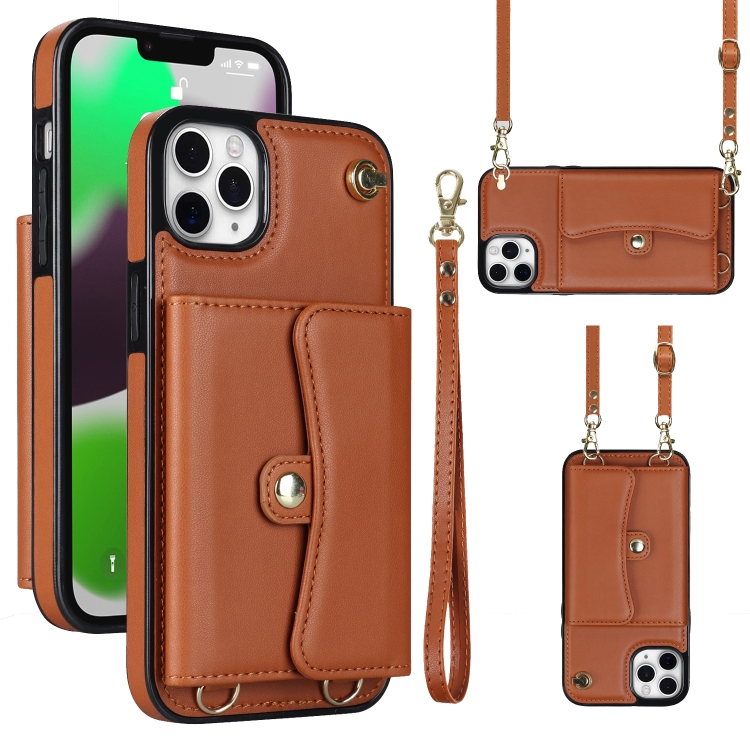 

For iPhone 11 Pro RFID Card Slot Phone Case with Long Lanyard(Brown)