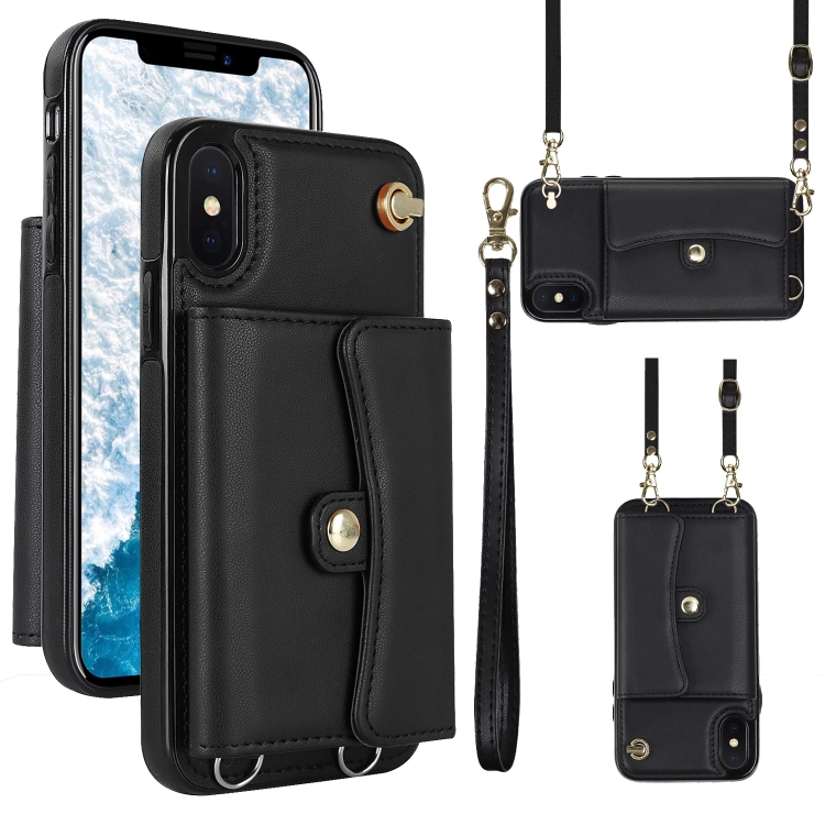 

For iPhone X / XS RFID Card Slot Phone Case with Long Lanyard(Black)