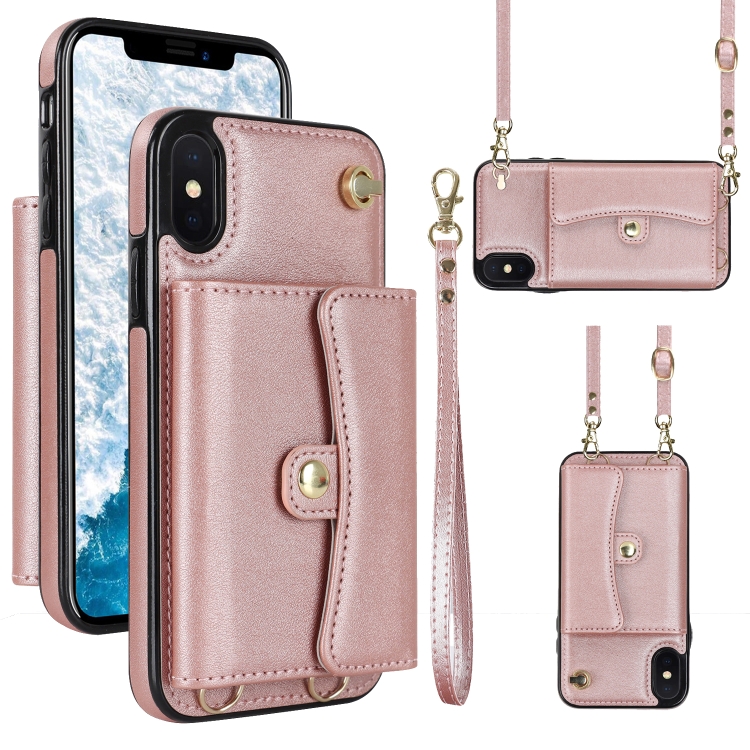 

For iPhone XS Max RFID Card Slot Phone Case with Long Lanyard(Rose Gold)