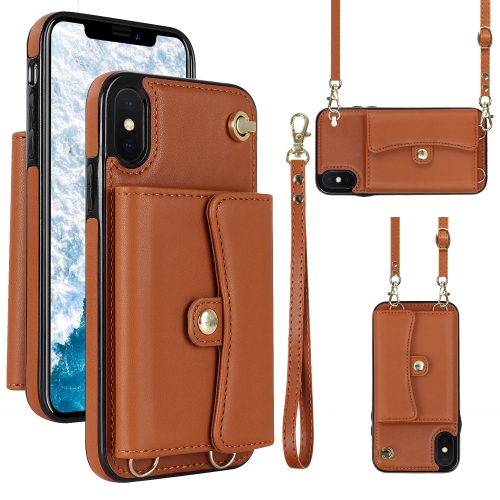 

For iPhone XS Max RFID Card Slot Phone Case with Long Lanyard(Brown)