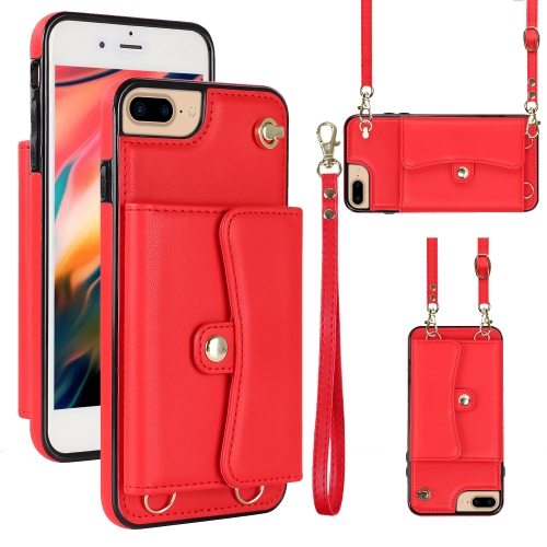 

For iPhone 8 Plus / 7 Plus RFID Card Slot Phone Case with Long Lanyard(Red)