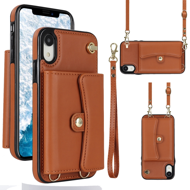 

For iPhone XR RFID Card Slot Phone Case with Long Lanyard(Brown)