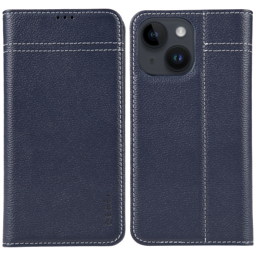 

For iPhone 14 GEBEI Top-grain Horizontal Flip Leather Phone Case(Blue)