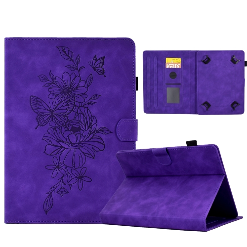 

For 8 inch Tablets Peony Butterfly Embossed Leather Tablet Case(Purple)