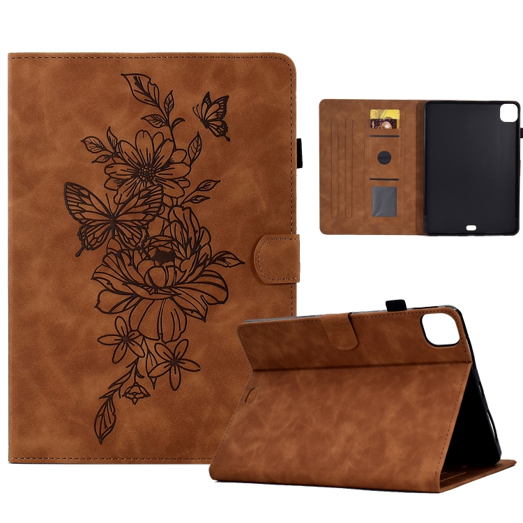 

Peony Butterfly Embossed Leather Smart Tablet Case For iPad Pro 11 2020/2018 / Air 10.9 2020(Brown)