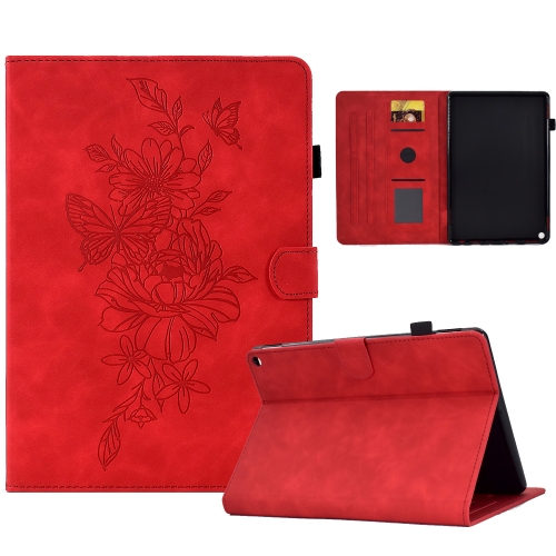 

For Amazon Kindle Fire HD10 2021 Peony Butterfly Embossed Leather Smart Tablet Case(Red)