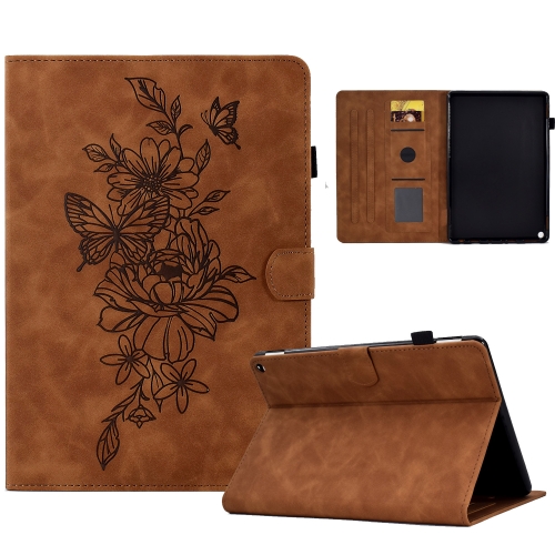 

For Amazon Kindle Fire HD8 2022 Peony Butterfly Embossed Leather Smart Tablet Case(Brown)