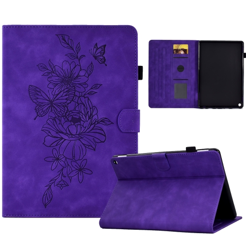

For Amazon Kindle Fire HD8 2022 Peony Butterfly Embossed Leather Smart Tablet Case(Purple)