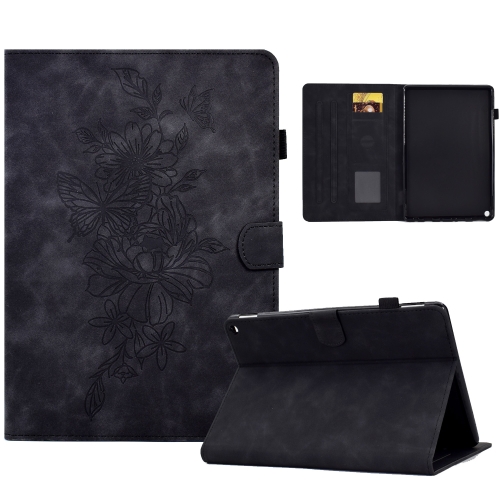 

For Amazon Kindle Fire HD8 2020 Peony Butterfly Embossed Leather Smart Tablet Case(Black)