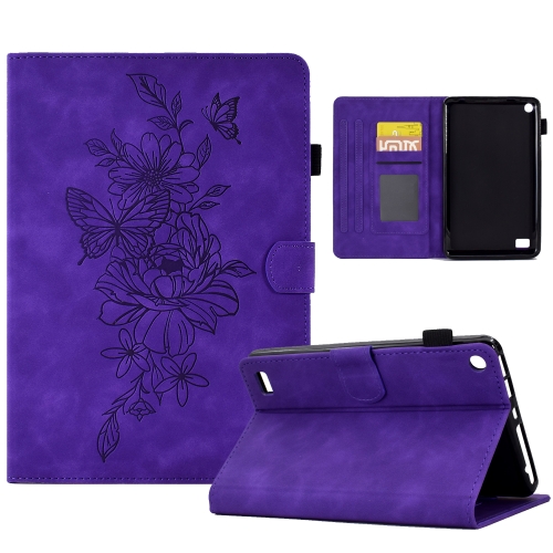 

For Amazon Kindle Fire 7 2019/2017/2015 Peony Butterfly Embossed Leather Smart Tablet Case(Purple)