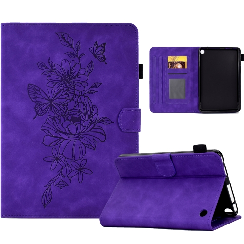 

For Amazon Kindle Fire 7 2022 Peony Butterfly Embossed Leather Smart Tablet Case(Purple)