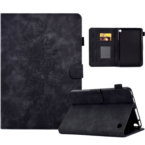 

For Amazon Kindle Fire 7 2022 Peony Butterfly Embossed Leather Smart Tablet Case(Black)
