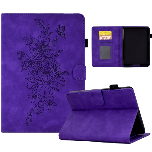 

For Amazon Kindle Paperwhite 5 Peony Butterfly Embossed Leather Smart Tablet Case(Purple)