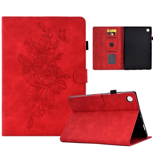 

For Samsung Galaxy Tab A8 10.5 2021 X205 Peony Butterfly Embossed Leather Smart Tablet Case(Red)