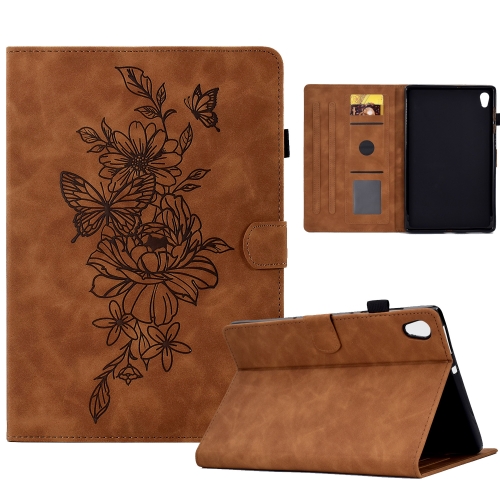 

For Lenovo Tab M10 Gen 2 Peony Butterfly Embossed Leather Smart Tablet Case(Brown)