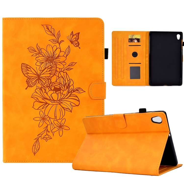 

For Lenovo Tab M10 Gen 2 Peony Butterfly Embossed Leather Smart Tablet Case(Khaki)