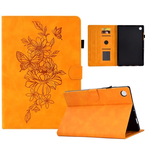

For Lenovo Tab M10 Plus Peony Butterfly Embossed Leather Smart Tablet Case(Khaki)