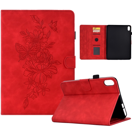 

For Lenovo Tab P11 Peony Butterfly Embossed Leather Smart Tablet Case(Red)