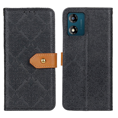 

For Motorola Moto E13 4G 2023 European Floral Embossed Flip Leather Phone Case(Black)