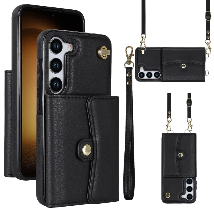 

For Samsung Galaxy S23 5G RFID Card Slot Leather Phone Case with Long Lanyard(Black)