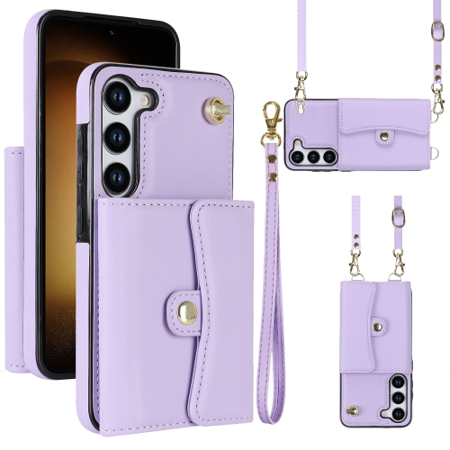 

For Samsung Galaxy S23 5G RFID Card Slot Leather Phone Case with Long Lanyard(Purple)