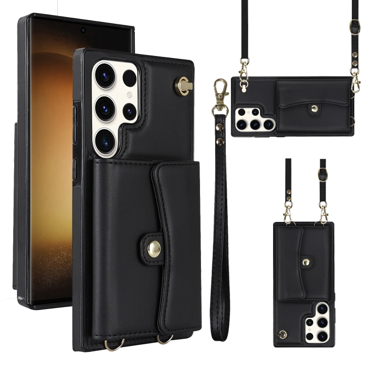 

For Samsung Galaxy S23 Ultra 5G RFID Card Slot Leather Phone Case with Long Lanyard(Black)