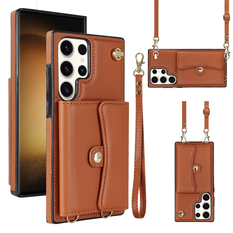 

For Samsung Galaxy S23 Ultra 5G RFID Card Slot Leather Phone Case with Long Lanyard(Brown)