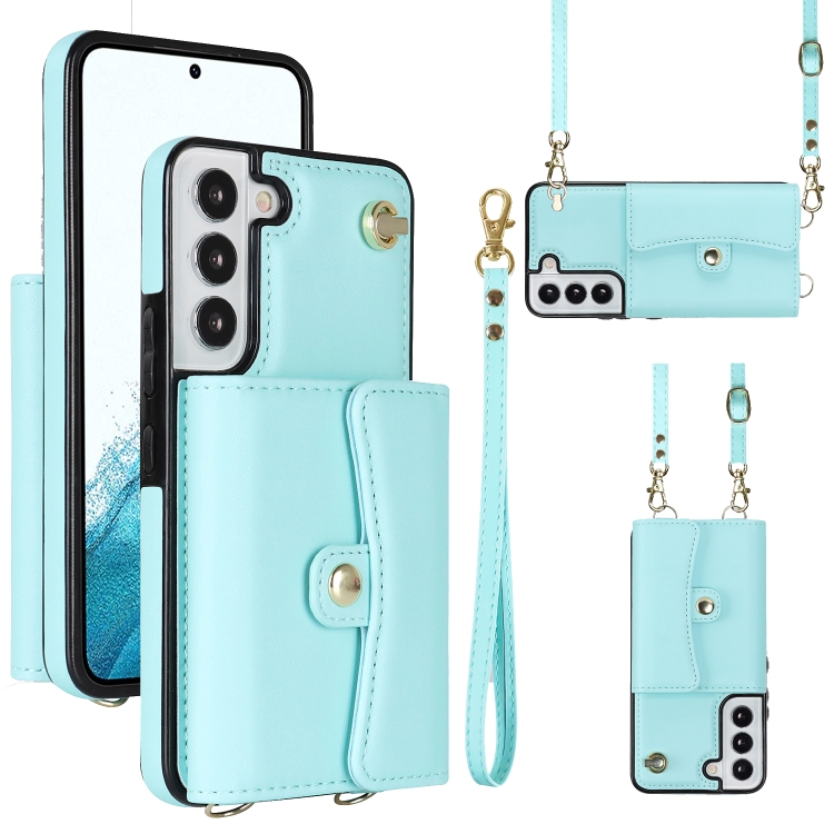 

For Samsung Galaxy S22 5G RFID Card Slot Leather Phone Case with Long Lanyard(Mint Green)