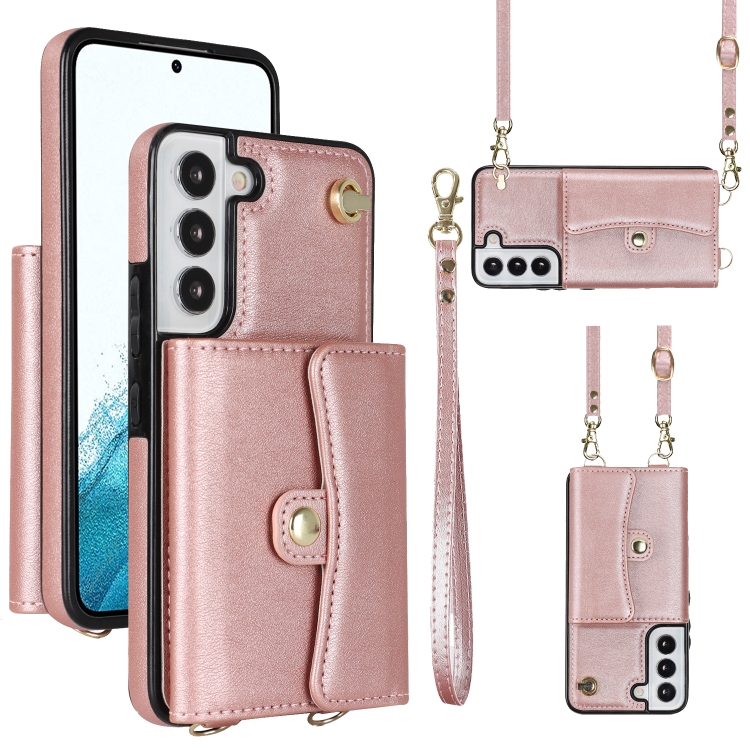 

For Samsung Galaxy S22 5G RFID Card Slot Leather Phone Case with Long Lanyard(Rose Gold)