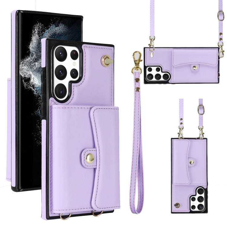 

For Samsung Galaxy S22 Ultra 5G RFID Card Slot Leather Phone Case with Long Lanyard(Purple)