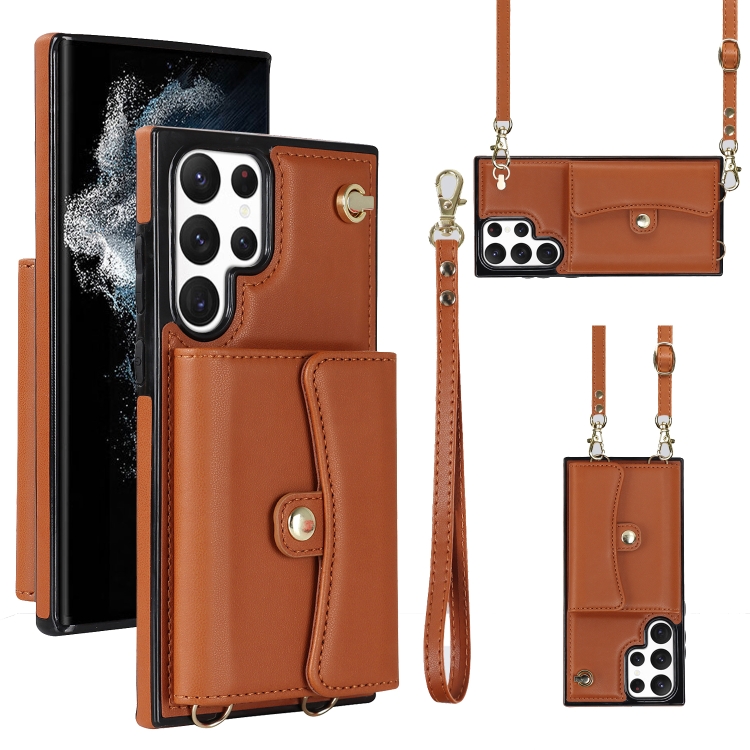 

For Samsung Galaxy S22 Ultra 5G RFID Card Slot Leather Phone Case with Long Lanyard(Brown)