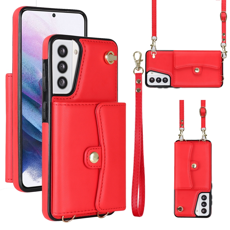 

For Samsung Galaxy S21 5G RFID Card Slot Leather Phone Case with Long Lanyard(Red)