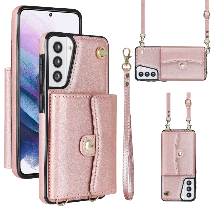 

For Samsung Galaxy S21+ 5G RFID Card Slot Leather Phone Case with Long Lanyard(Rose Gold)