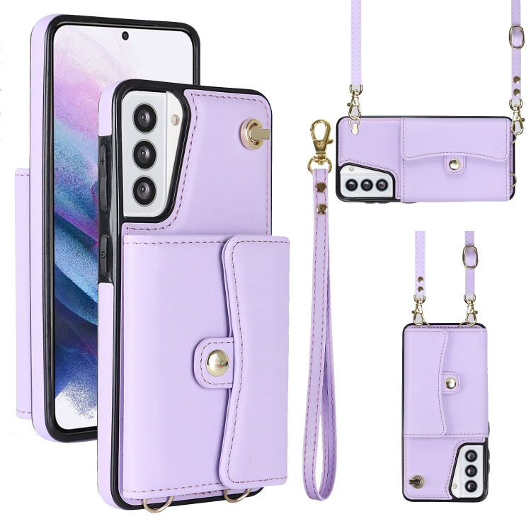 

For Samsung Galaxy S21+ 5G RFID Card Slot Leather Phone Case with Long Lanyard(Purple)