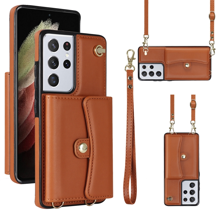 

For Samsung Galaxy S21 Ultra 5G RFID Card Slot Leather Phone Case with Long Lanyard(Brown)
