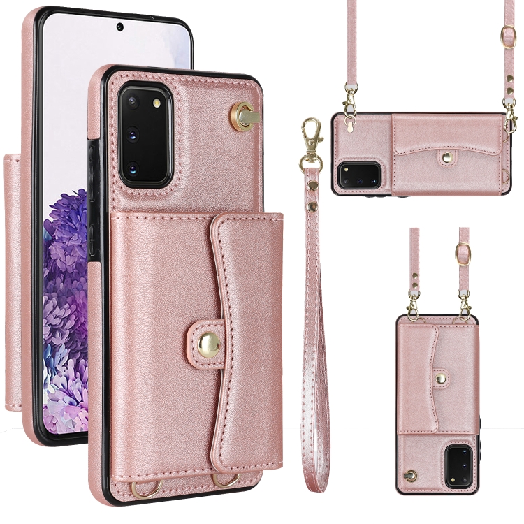 

For Samsung Galaxy S20 RFID Card Slot Leather Phone Case with Long Lanyard(Rose Gold)