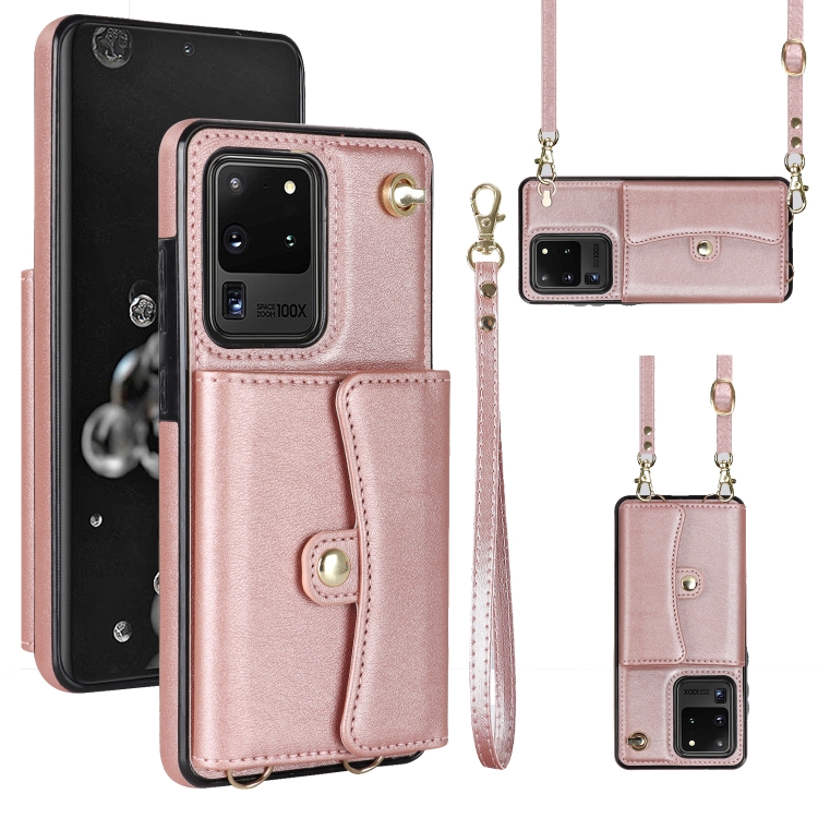 

For Samsung Galaxy S20 Ultra RFID Card Slot Leather Phone Case with Long Lanyard(Rose Gold)