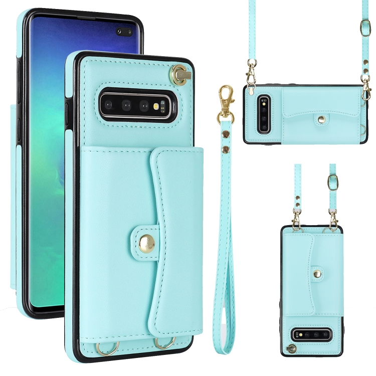 

For Samsung Galaxy S10 RFID Card Slot Leather Phone Case with Long Lanyard(Mint Green)