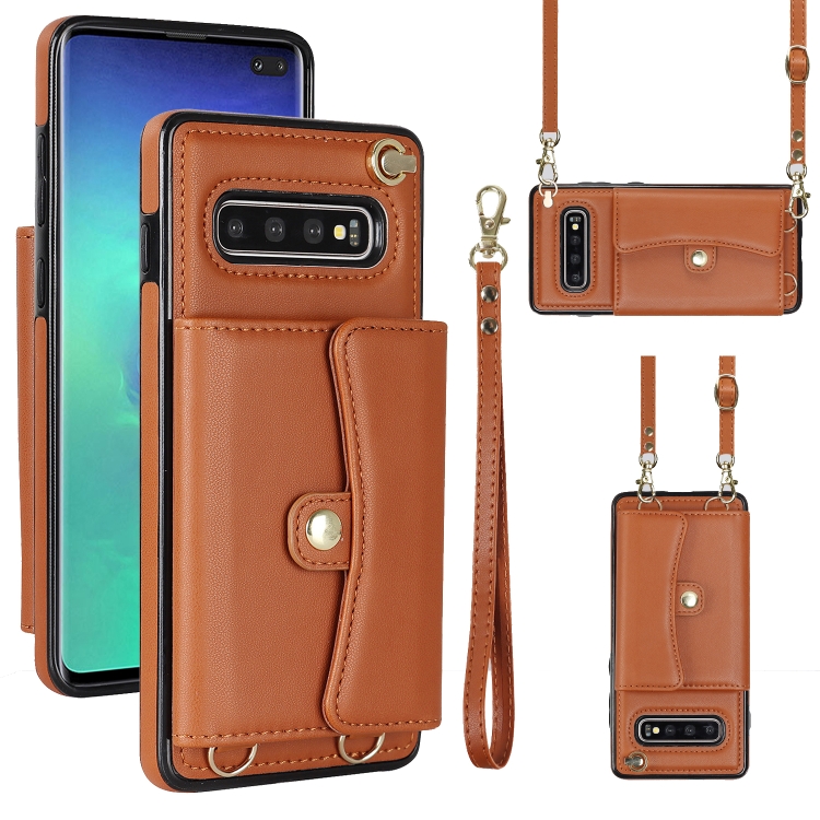 

For Samsung Galaxy S10 RFID Card Slot Leather Phone Case with Long Lanyard(Brown)