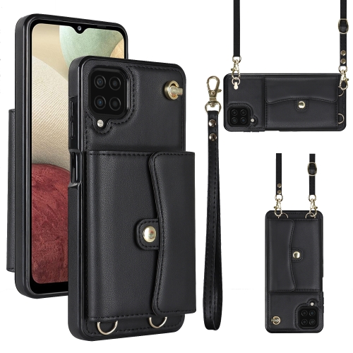

For Samsung Galaxy A12 RFID Card Slot Leather Phone Case with Long Lanyard(Black)