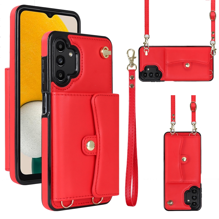 

For Samsung Galaxy A13 4G / 5G RFID Card Slot Leather Phone Case with Long Lanyard(Red)