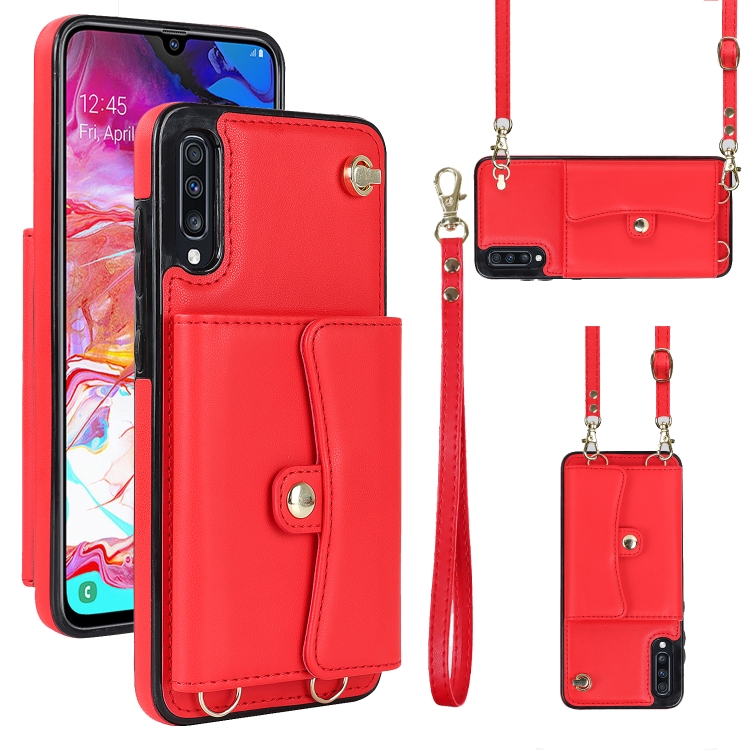 

For Samsung Galaxy A50 RFID Card Slot Leather Phone Case with Long Lanyard(Red)