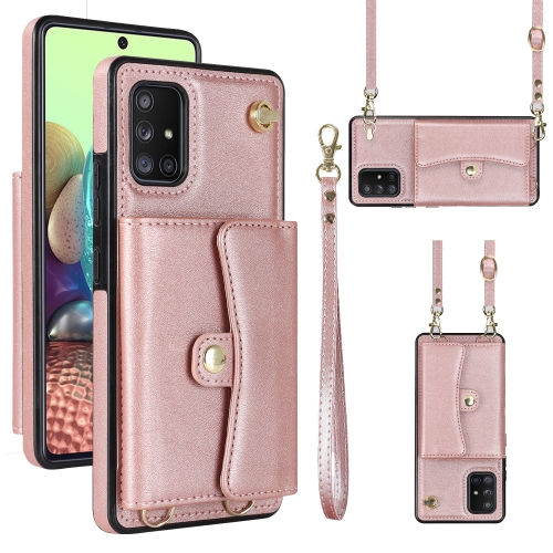 

For Samsung Galaxy A51 5G RFID Card Slot Leather Phone Case with Long Lanyard(Rose Gold)