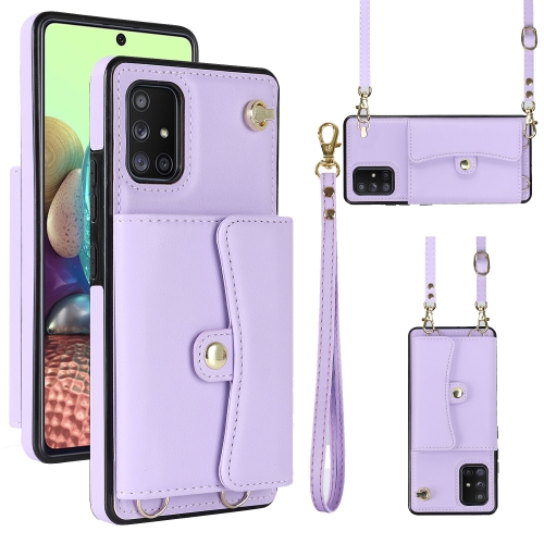 

For Samsung Galaxy A51 5G RFID Card Slot Leather Phone Case with Long Lanyard(Purple)