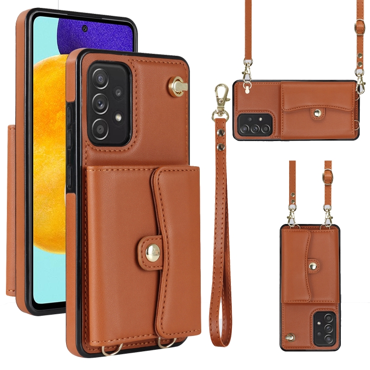 

For Samsung Galaxy A52 5G RFID Card Slot Leather Phone Case with Long Lanyard(Brown)